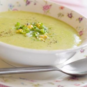 Delicious vegetable soup with broccoli, selective focus
